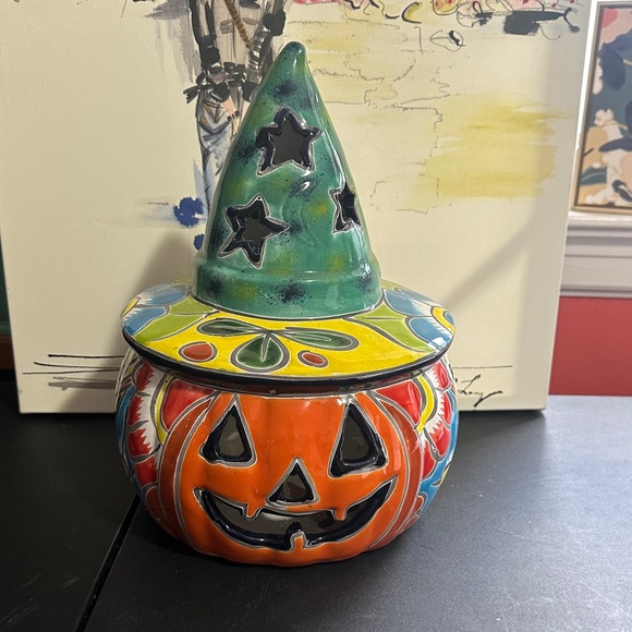 Blue orange pottery Ceramic pumpkin lantern - Picture 1 of 5